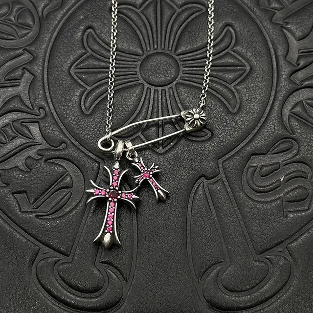 Chrome Hearts Cross Pendant Necklace Pink Gemstone十字