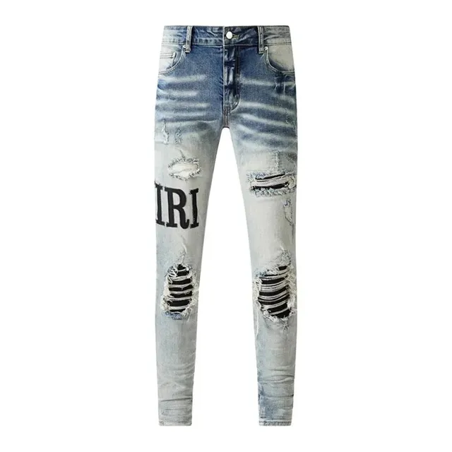 Amiri Distressed Logo Jeans Washed Blue with Black Stripe Panels