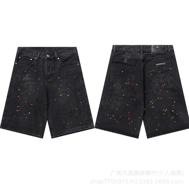 Chrome Hearts Denim Shorts Cross Embroidery Splatter Paint