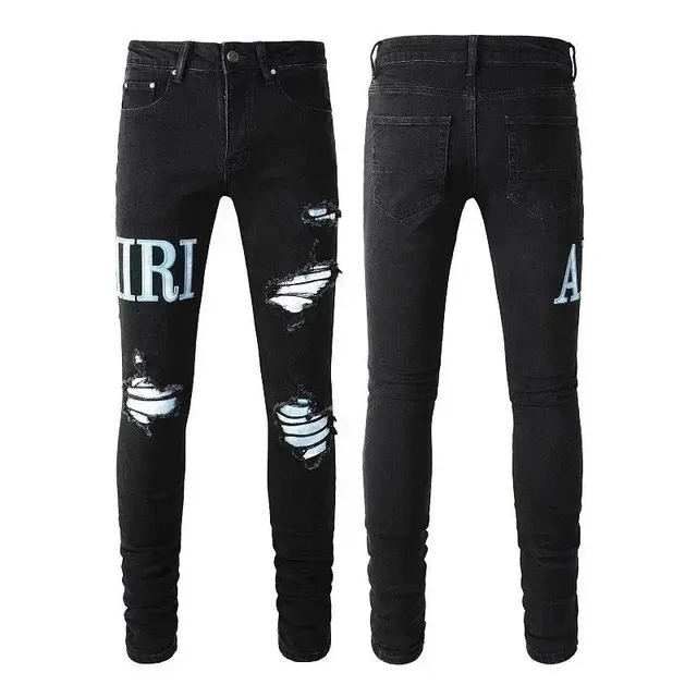 Amiri Distressed Logo Jeans Black with White Lettering