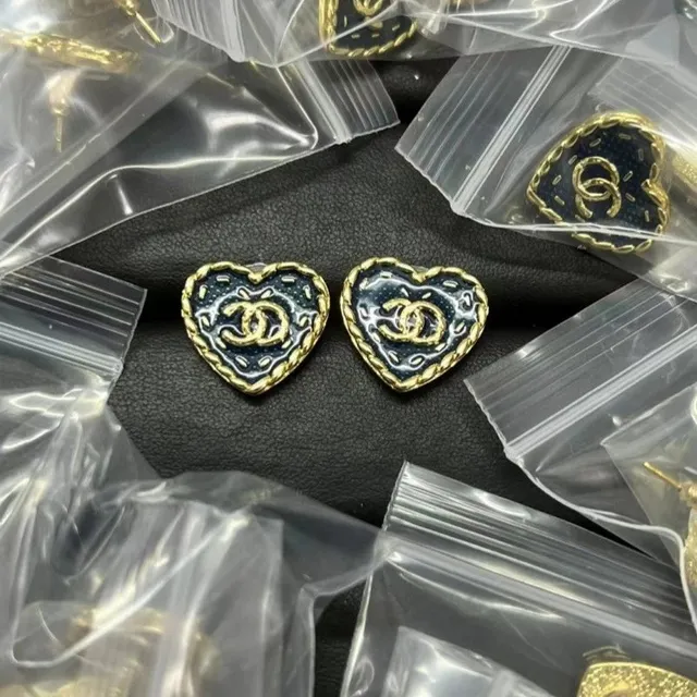 Chanel Heart Stud Earrings Enamel CC Logo