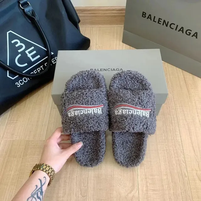Balenciaga Shearling Slide Logo Stripe