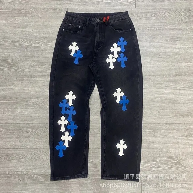 Chrome Hearts Cross Patch Jeans Blue and White Cross Appliqué