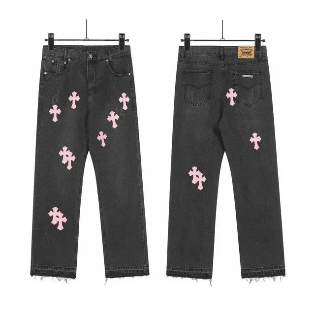Chrome Hearts Cross Patch Jeans Pink Cross Embroidery