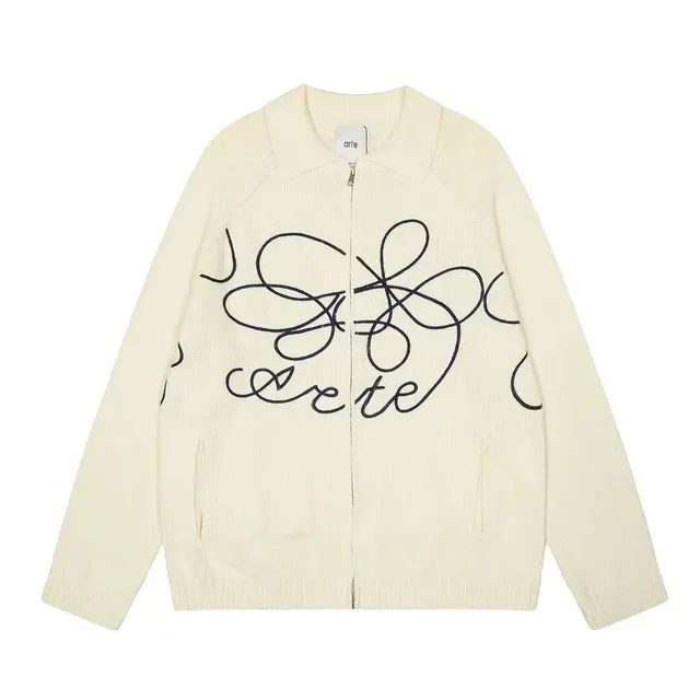 Arte Antwerp Zip-Up Knit Cardigan Abstract Script Embroidery
