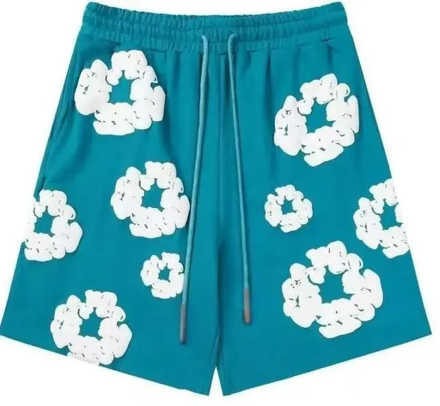 Balenciaga Flower Appliqué Shorts Teal with White Floral Embellishment