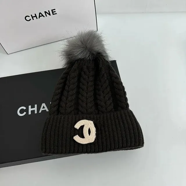 Chanel Knit Beanie CC Logo with Fur Pom-Pom
