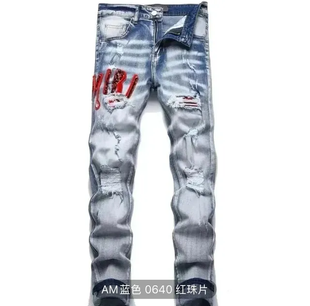 Amiri Distressed Jeans Red Crystal Logo