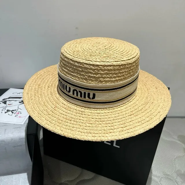 Miu Miu Straw Boater Hat Logo Band