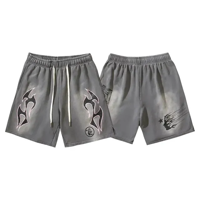 Hellstar Flame Shorts Washed Grey with Flame Print