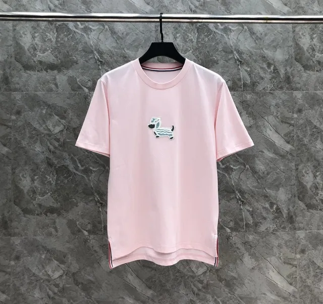 Thom Browne Embroidered Dog Tee Pink with Striped Dog Appliqué