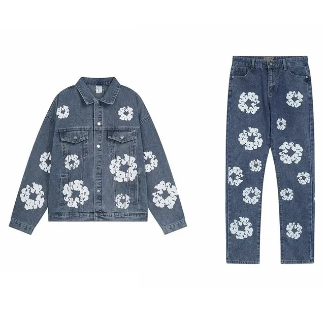 Denim Jacket and Jeans Set Floral Embroidered