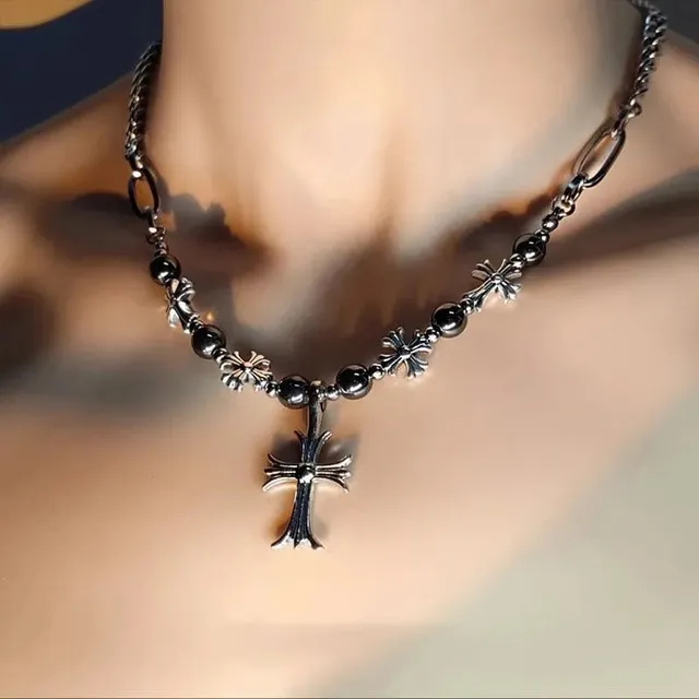 Chrome Hearts Cross Pendant Necklace Black Bead and Silver Cross