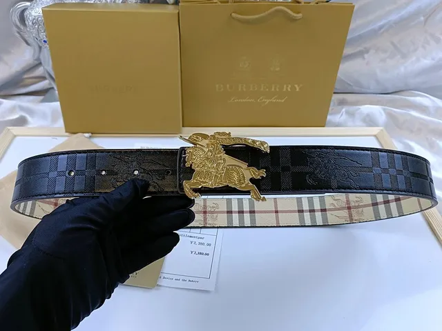 Burberry Equestrian Knight Belt Checkered Leather with Gold Buckle
