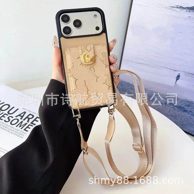 Gucci Phone Strap Wallet Case GG Imprint with Gold Hardware