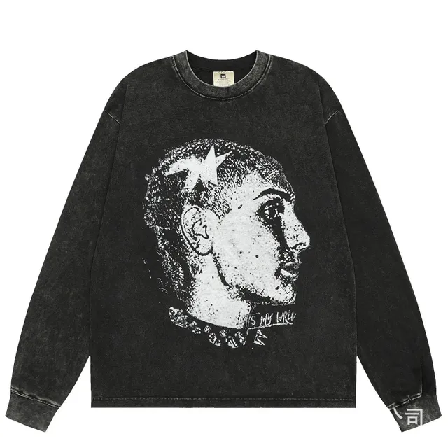 Long-Sleeve Graphic Tee Acid Wash Portrait Print