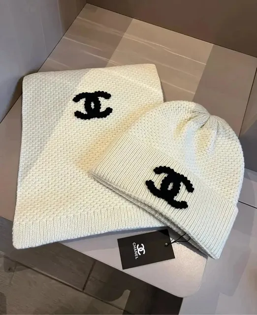 Chanel Knit Beanie and Scarf Set CC Logo