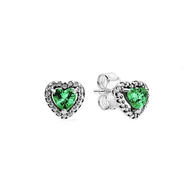 Pandora Heart Stud Earrings Green Cubic Zirconia with Clear CZ Halo