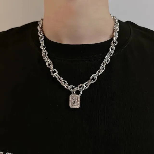 Chrome Hearts Chain Necklace Rectangular Pendant with Pave Stones