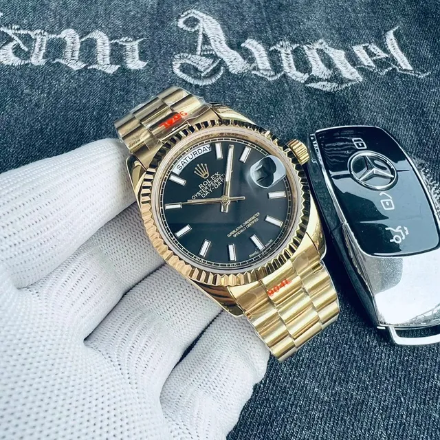Rolex Oyster Perpetual Day-Date Black Dial with Gold Fluted Bezel