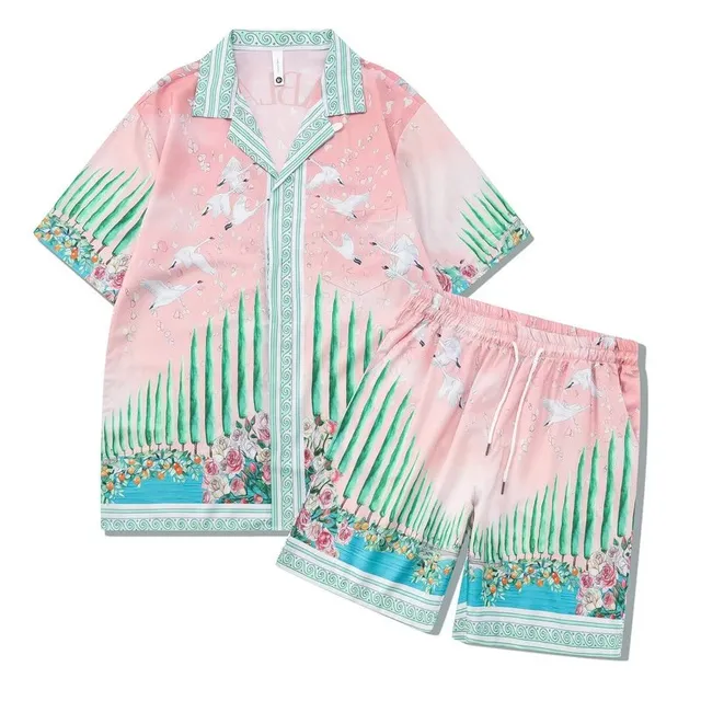 Versace Printed Short-Sleeve Shirt and Shorts Set Swan and Floral Motif