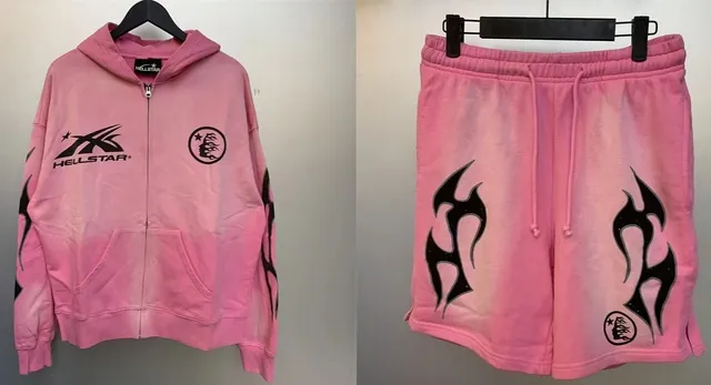 Hellstar Zip-Up Hoodie & Shorts Set Pink Dip-Dye with Flame Print