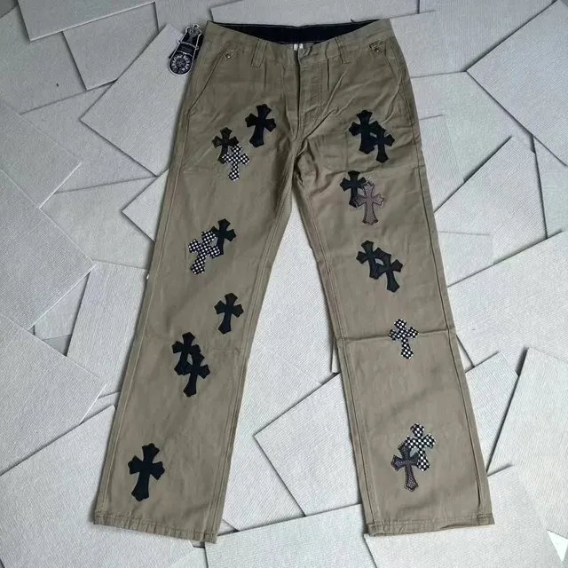 Chrome Hearts Cross-Embroidered Trousers Beige with Black Cross Patches