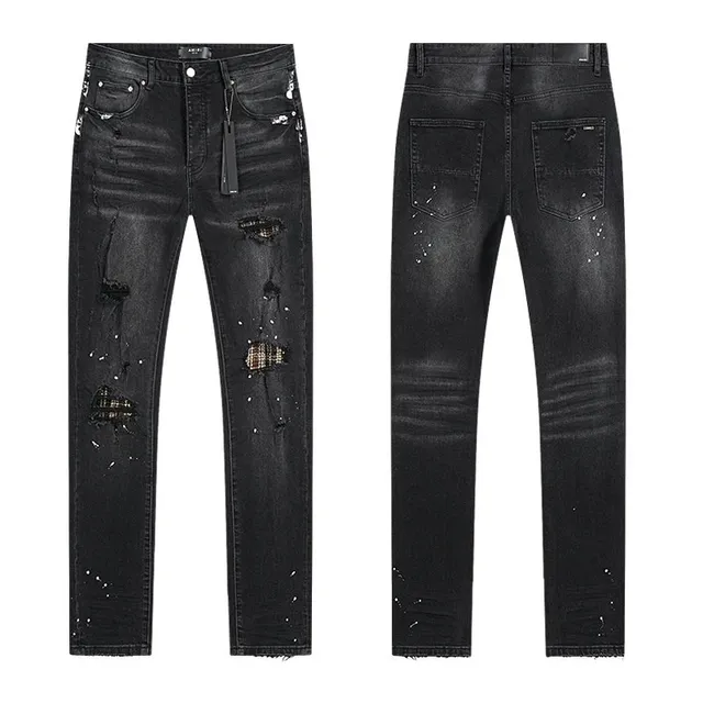 Amiri Distressed Jeans Black Destroyed with Plaid Patches