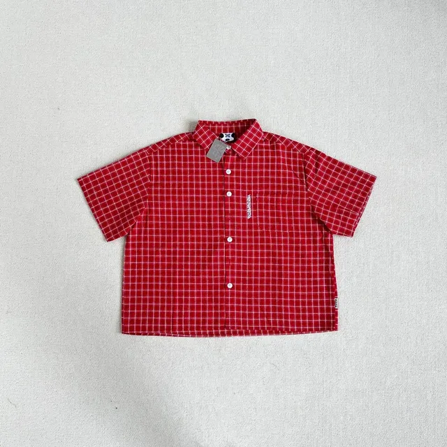 Mertra Short-Sleeve Button-Up Shirt Red Grid Check