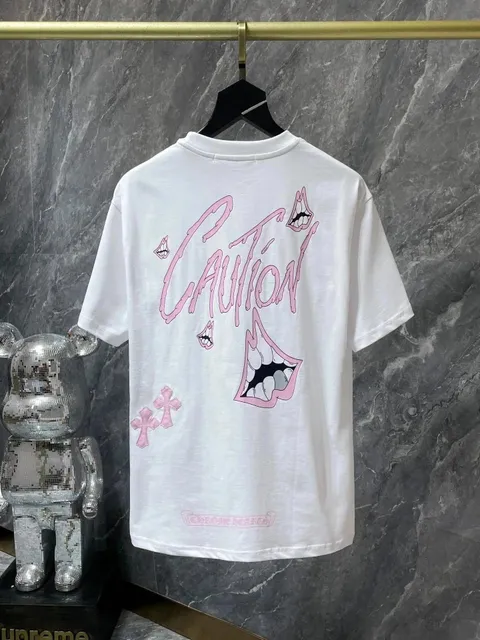 Chrome Hearts Caution Graphic Tee Pink Lips and Crosses