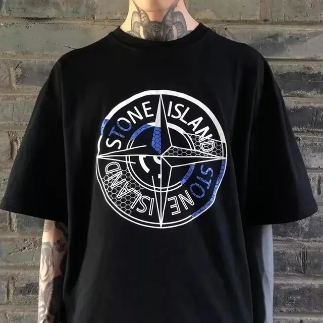 Stone Island Compass Logo Tee Black with White and Blue Logo