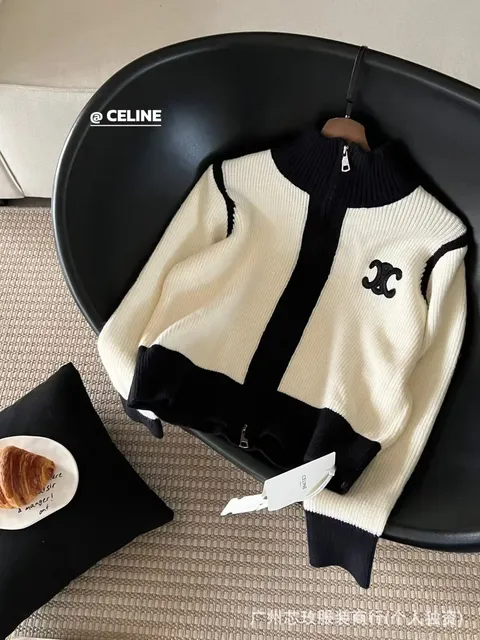 Celine Zip-Up Knit Sweater Contrast Panel