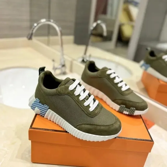 Hermès Oran Sneaker Olive Green with Striped Heel