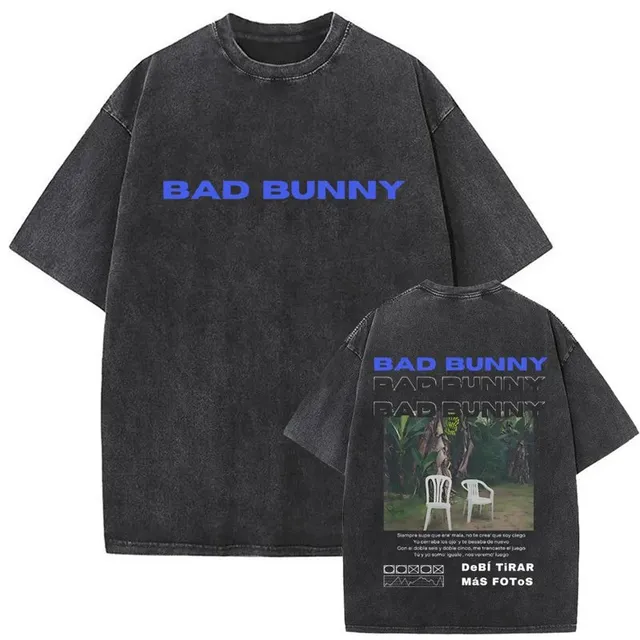 Bad Bunny Graphic T-Shirt Washed Black with Blue Logo and Back Print