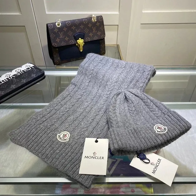 Moncler Cable Knit Beanie and Scarf Set Classic Logo Patch