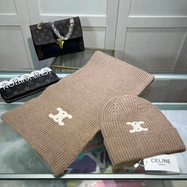 Celine Knit Beanie and Scarf Set CC Logo Embroidered