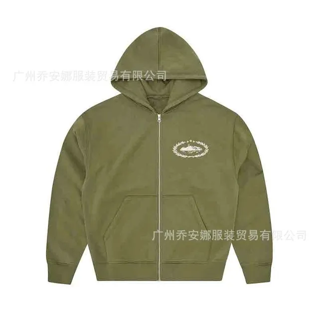 Corteiz Zip-Up Hoodie Olive with Wreath Logo