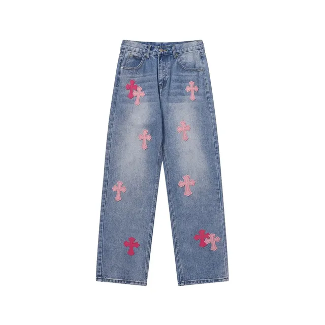 Chrome Hearts Cross Patch Jeans Pink Cross Embroidery