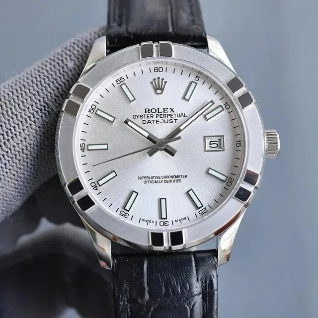 Rolex Oyster Perpetual Datejust Silver Dial with Black Leather Strap