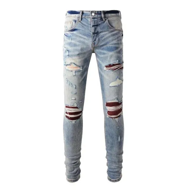 Amiri Distressed Skinny Jeans Ripped with Red Tape Detail