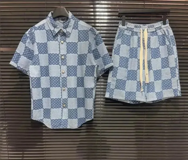 Louis Vuitton Checkered Shirt and Shorts Set Blue and White Checkerboard