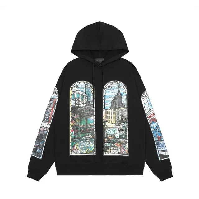 Who Decides War Stained Glass Hoodie Cityscape Print