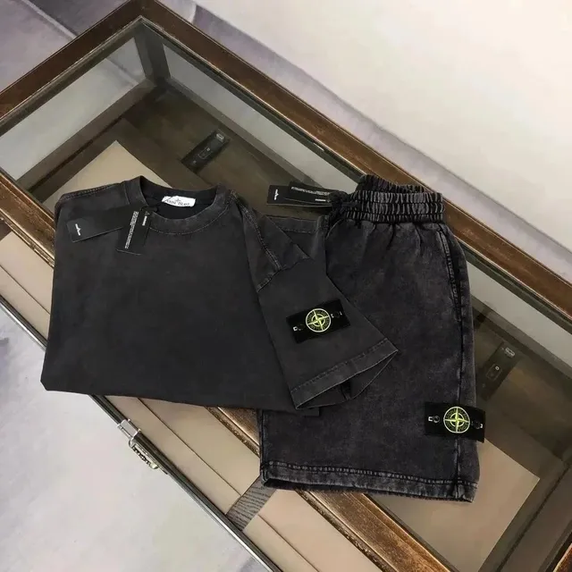 Stone Island T-Shirt and Shorts Set Acid Wash Black