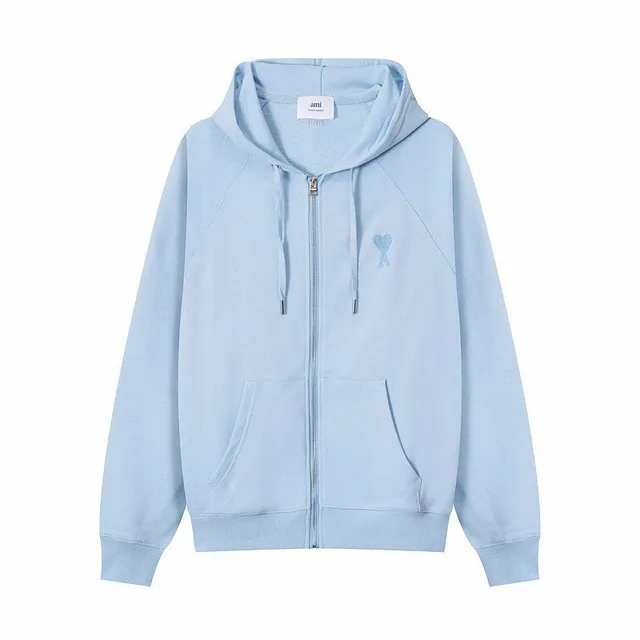 AMI Paris Zip-Up Hoodie Light Blue Heart Embroidery