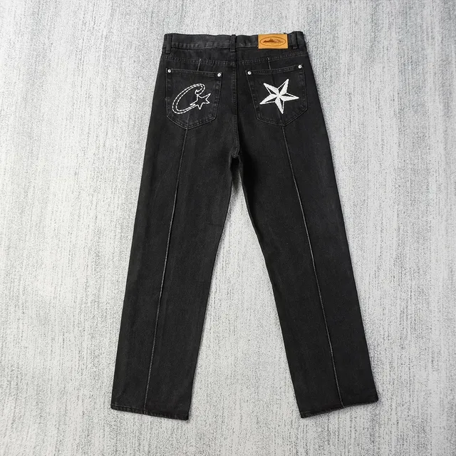 Corteiz Star Embroidered Jeans Black with White Star Embroidery
