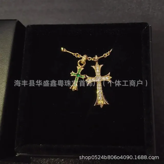绿钻小白钻大双十字架项链