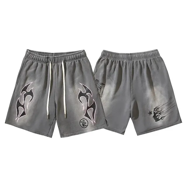 Hellstar Flame Graphic Shorts Grey with Black Flame Print