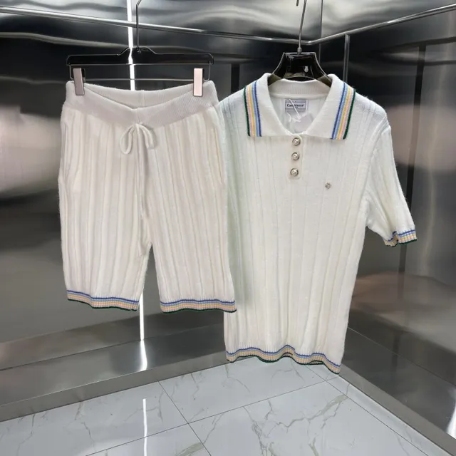 Knit Polo and Shorts Set Ribbed with Striped Trim