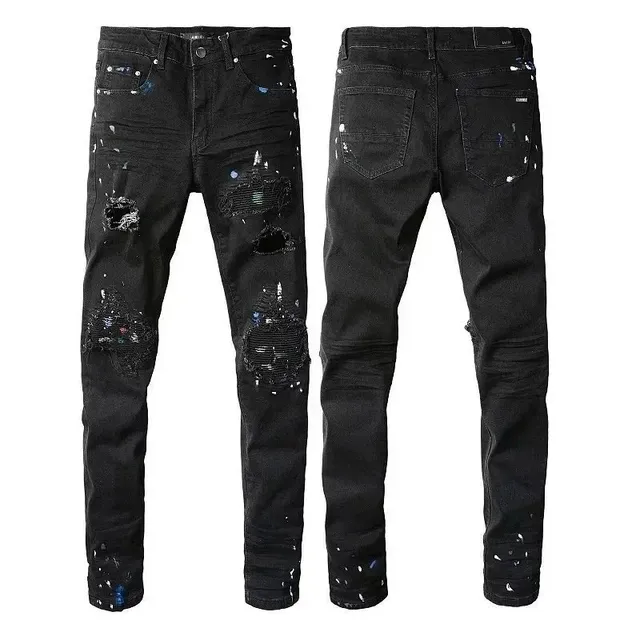 Amiri Distressed Paint-Splatter Jeans Black with Blue and Silver Splatter