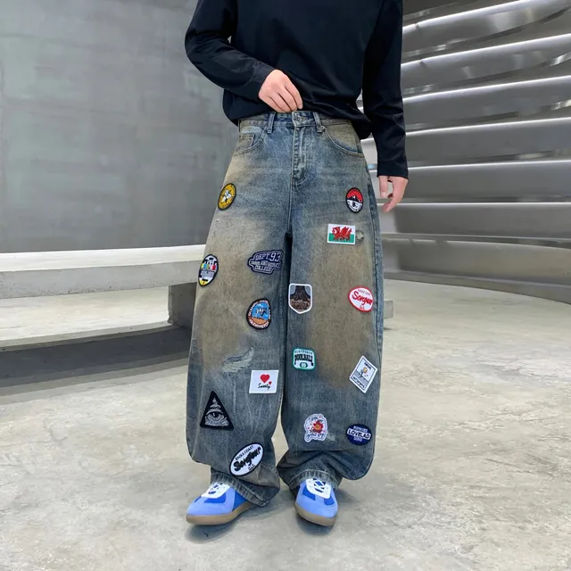 Patchwork Denim Trousers Distressed Wide-Leg with Appliqué Patches